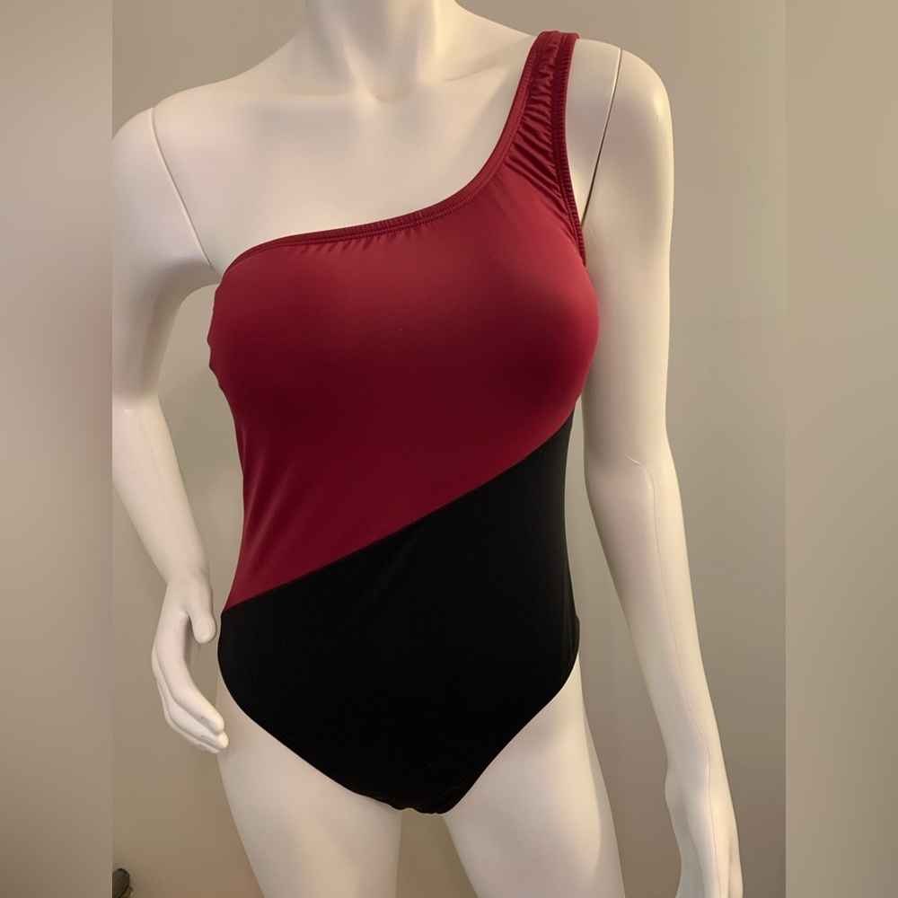 Burgundy and Black One-Shoulder Swimsuit